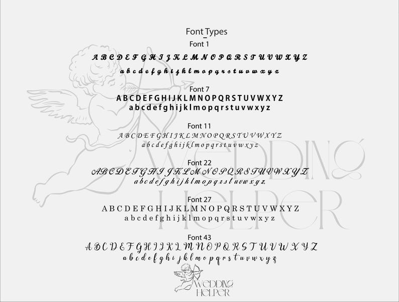 May include: A light gray graphic featuring font samples labeled "Font Types" with examples of uppercase and lowercase letters. A decorative cupid with a bow and arrow is in the upper left corner. The text "WEDDING HELPER" is also present.