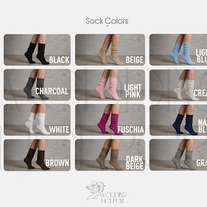 May include: An image showcasing a variety of sock colors, including black, beige, light blue, charcoal, light pink, cream, white, fuchsia, navy blue, brown, dark beige, and gray. Each pair of socks is displayed on a person's legs, with the color name labeled below.