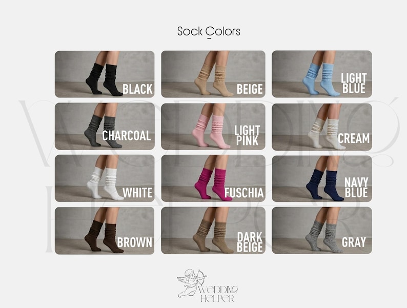 May include: An image showcasing a variety of sock colors, including black, beige, light blue, charcoal, light pink, cream, white, fuchsia, navy blue, brown, dark beige, and gray. Each pair of socks is displayed on a person's legs, with the color name labeled below.