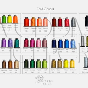May include: A color chart displaying various thread colors, including neon pink, green, yellow, and orange, as well as shades of red, blue, and brown. Each color is labeled with its name and a corresponding number. The chart is for embroidery or sewing projects.