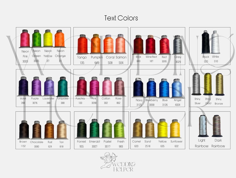 May include: A color chart displaying various thread colors, including neon pink, green, yellow, and orange, as well as shades of red, blue, and brown. Each color is labeled with its name and a corresponding number. The chart is for embroidery or sewing projects.