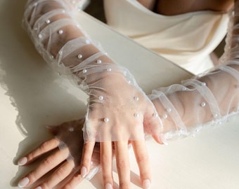 Sheer Pearl Tulle Wedding Gloves: Fingerless Bridal Opera Length
