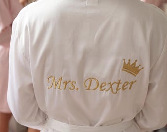 Personalized Satin Bridal Robe, Custom Embroidery Wedding Gown, Bridesmaid Gift, Mrs Honeymoon Loungewear