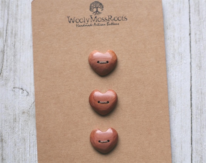 3 Handmade Heart Buttons in Red Cedar Wood {7/8"}