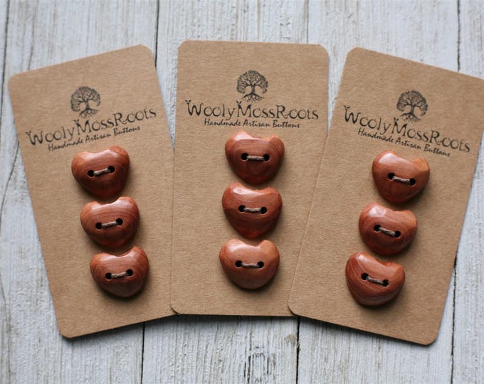 SALE! Sets of 3 Handmade Heart Buttons in Red Cedar Wood
