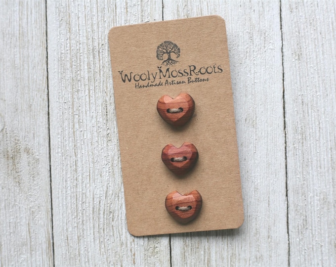 3 Rustic Heart Buttons in Red Cedar Wood {Handmade Wooden Buttons}