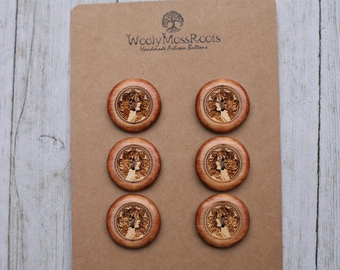 6 Hand-painted Wooden Cameo Buttons {1"}