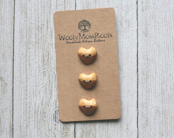 3 Tiny Carved Heart Buttons in Red Cedar {Handmade Wooden Buttons}