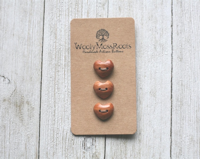 3 Tiny Carved Heart Buttons in Red Cedar {Handmade Wooden Buttons}