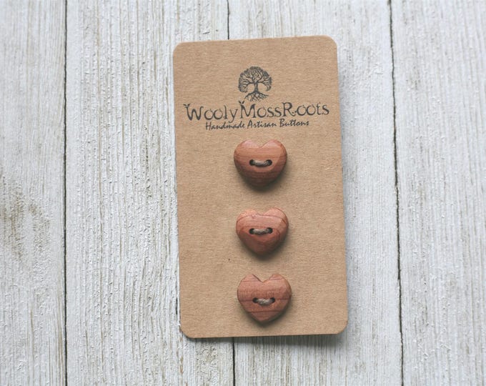 3 Rustic Heart Buttons in Red Cedar Wood {Handmade Wooden Buttons}