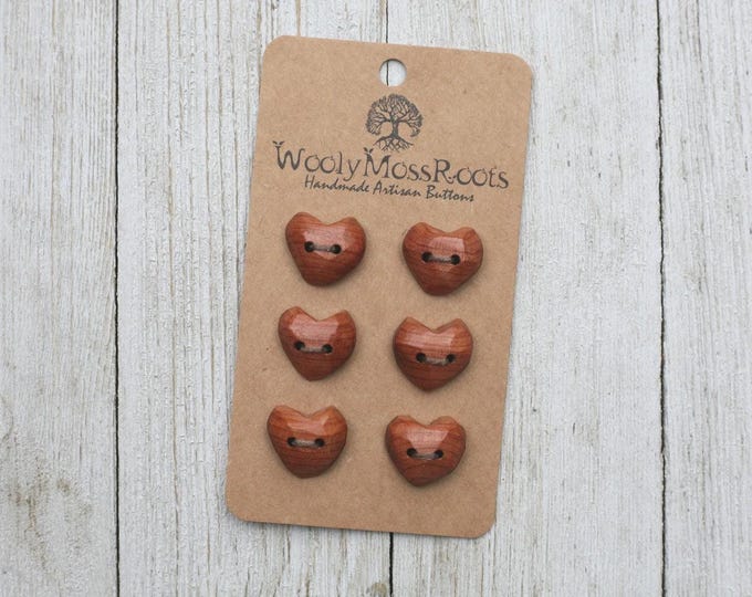 6 Tiny Carved Heart Buttons in Red Cedar