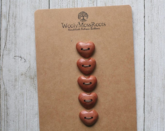 SALE! 5 Handmade Heart Buttons in Red Cedar Wood