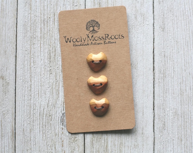 3 Tiny Carved Heart Buttons in Red Cedar {Handmade Wooden Buttons}
