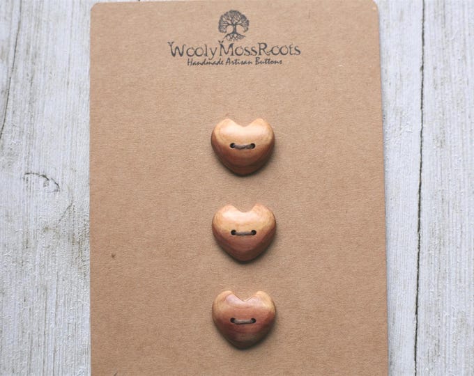 3 Handmade Heart Buttons in Red Cedar Wood {7/8"}