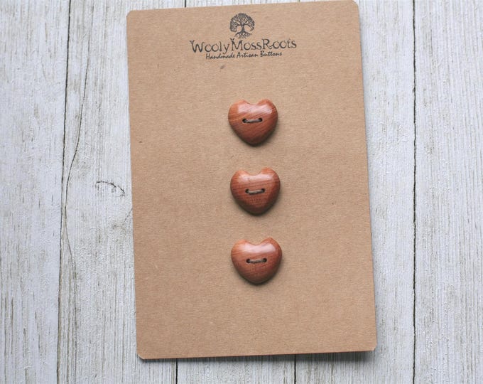 3 Handmade Heart Buttons in Red Cedar Wood {7/8"}