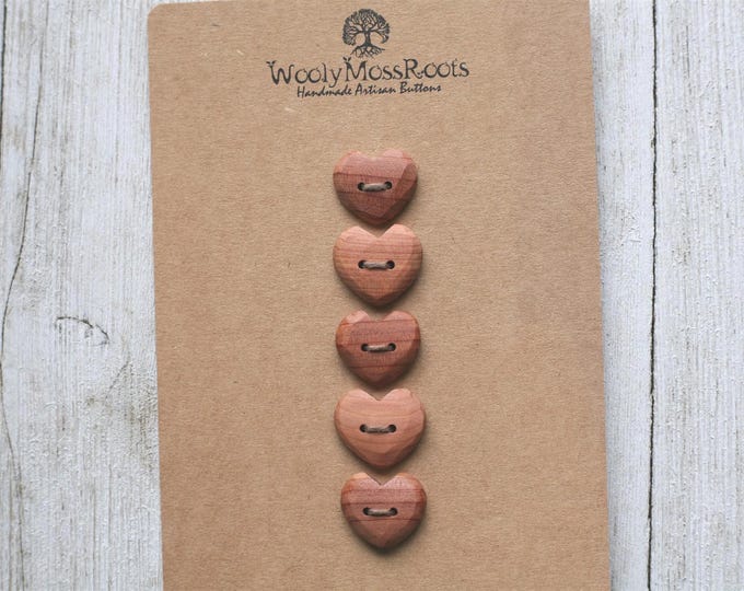 Handmade Button Mix: 5 Rustic Heart Buttons in Red Cedar Wood