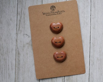 SALE! 3 Carved Heart Buttons in Red Cedar {1"}