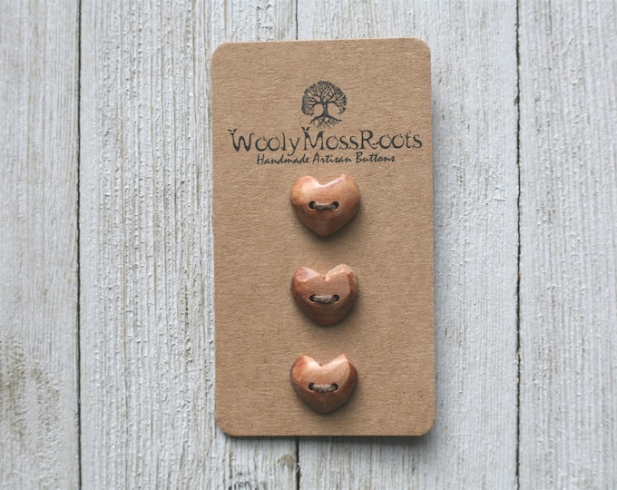 3 Tiny Carved Heart Buttons in Red Cedar