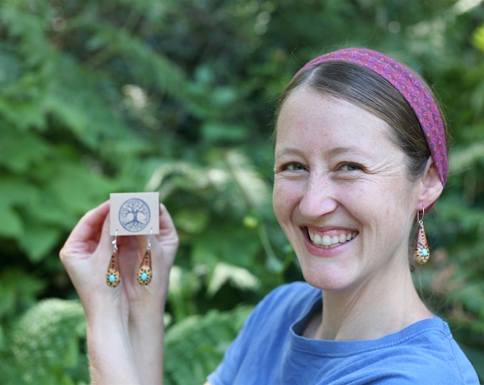 Handmade Wood & Turquoise Earrings {Red Cedar Earrings with Woodburning}