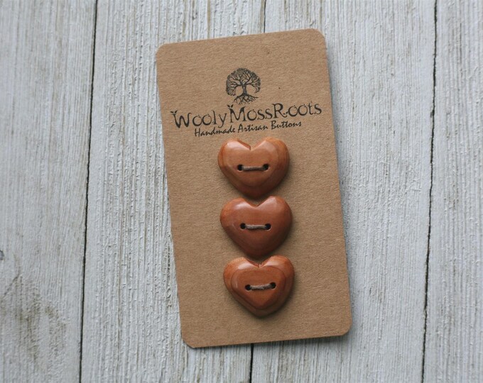 3 Handmade Heart Buttons in Red Cedar Wood