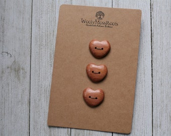 3 Carved Heart Buttons in Red Cedar {1"}