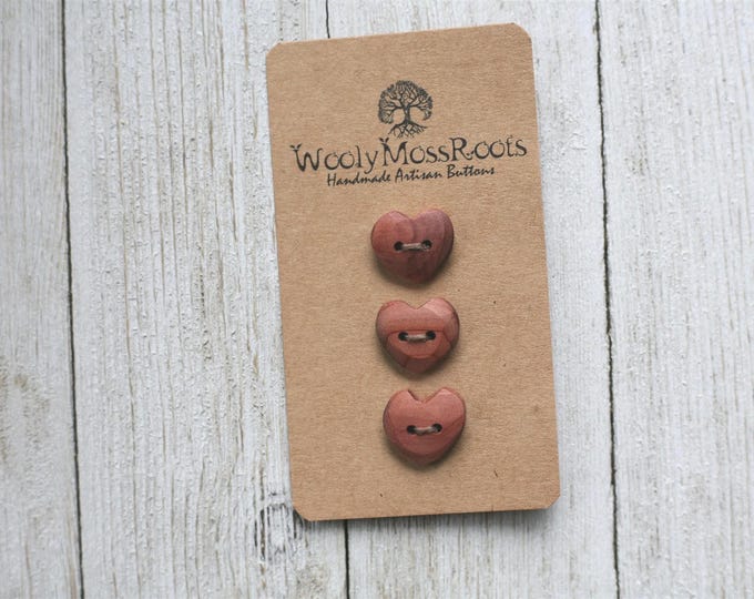Handmade Buttons: 3 Rustic Heart Buttons in Red Cedar Wood