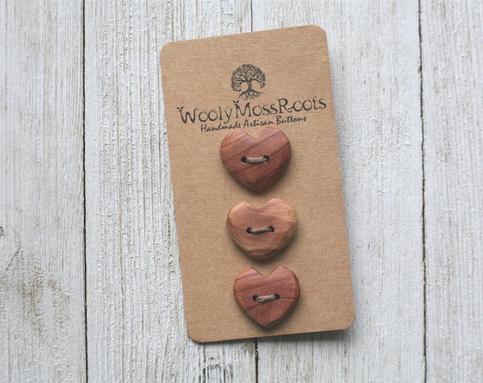 Handmade Button Mix {3 Rustic Heart Buttons in Red Cedar Wood}