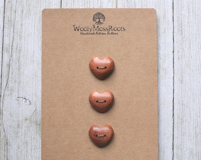 3 Handmade Heart Buttons in Red Cedar Wood {7/8"}