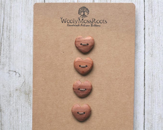 Handmade Button Mix: 4 Rustic Heart Buttons in Red Cedar Wood