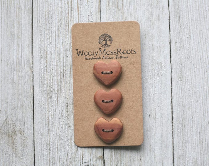 3 Handmade Rustic Heart Buttons in Red Cedar Wood