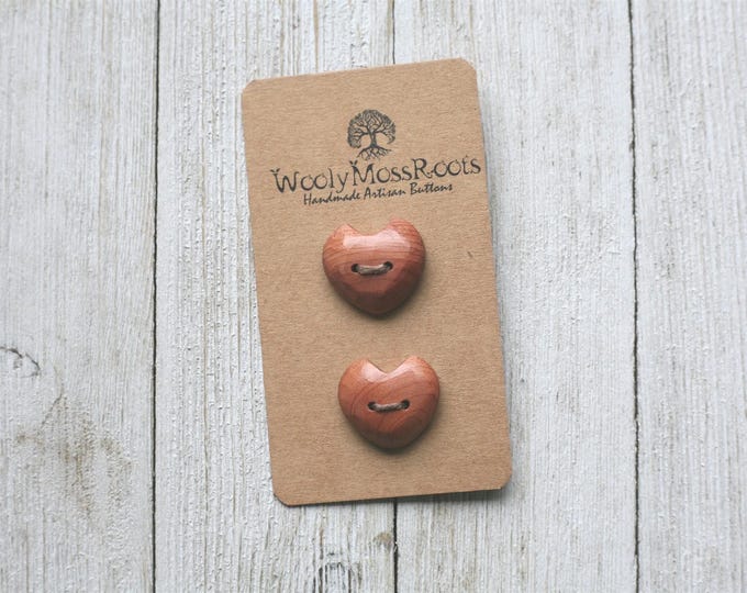 2 Handmade Heart Buttons in Red Cedar Wood