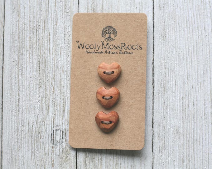 3 Rustic Heart Buttons in Red Cedar Wood {Handmade Wooden Buttons}
