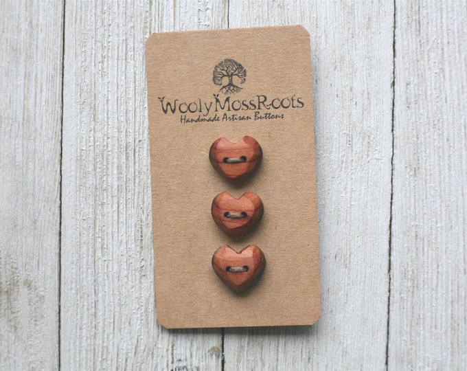 3 Rustic Heart Buttons in Red Cedar Wood {Handmade Wooden Buttons}