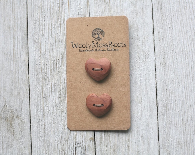 2 Handmade Rustic Heart Buttons in Red Cedar Wood