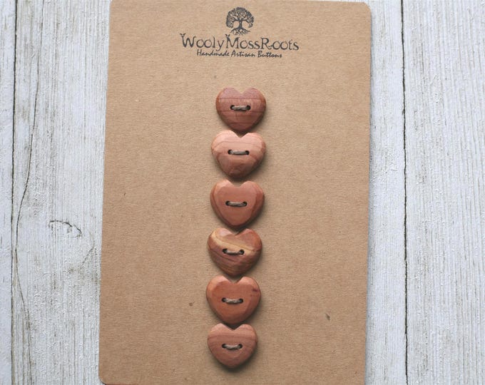 Handmade Button Mix: 6 Rustic Heart Buttons in Red Cedar Wood