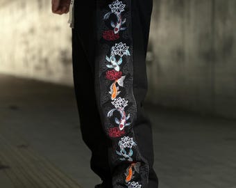 Embroidered Koi Pants - Unisex Baggy Cotton