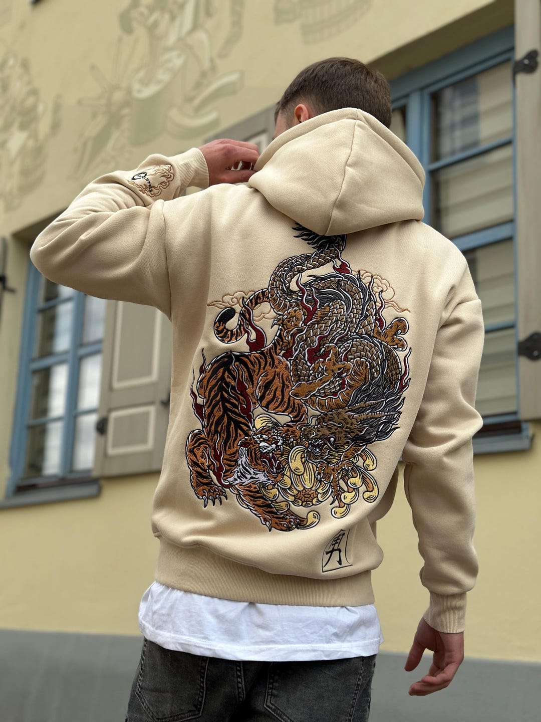 Heavy Embroidery Hoodie - Dragon Tiger - Unisex Cotton - Beige - Etsy
