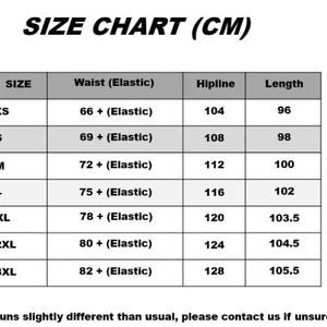 May include: Size chart in centimeters for unisex clothing, with waist, hip line, and length measurements. Sizes range from EU/US XS to 3XL. Includes a diagram of pants with labeled waist and length.