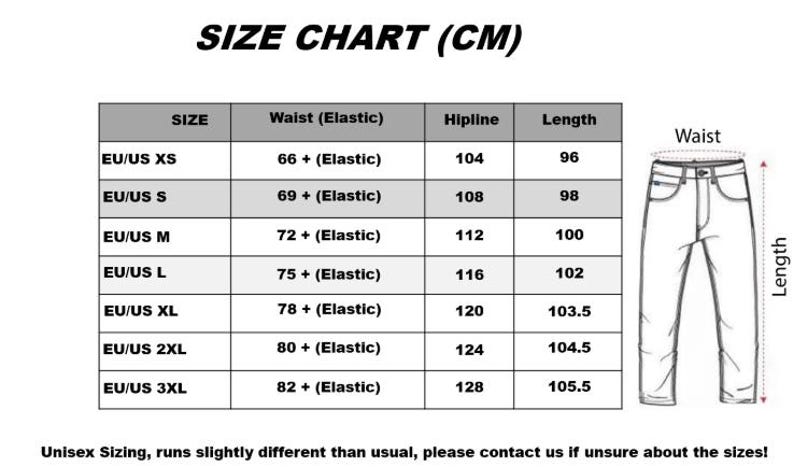 May include: Size chart in centimeters for unisex clothing, with waist, hip line, and length measurements. Sizes range from EU/US XS to 3XL. Includes a diagram of pants with labeled waist and length.