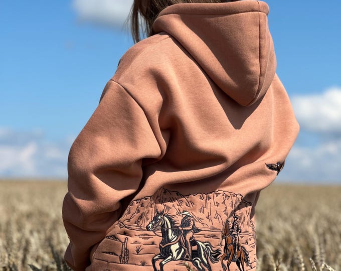 Western Embroidered Hoodie - Unisex - Cowboy Apparel - Desert Clay