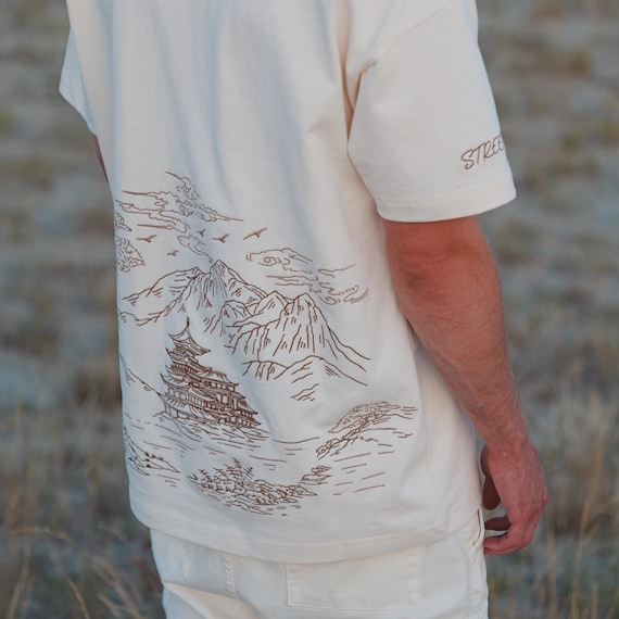 Mountain Temple Embroidered T-Shirt - 270GSM Heavy Cotton - Unisex