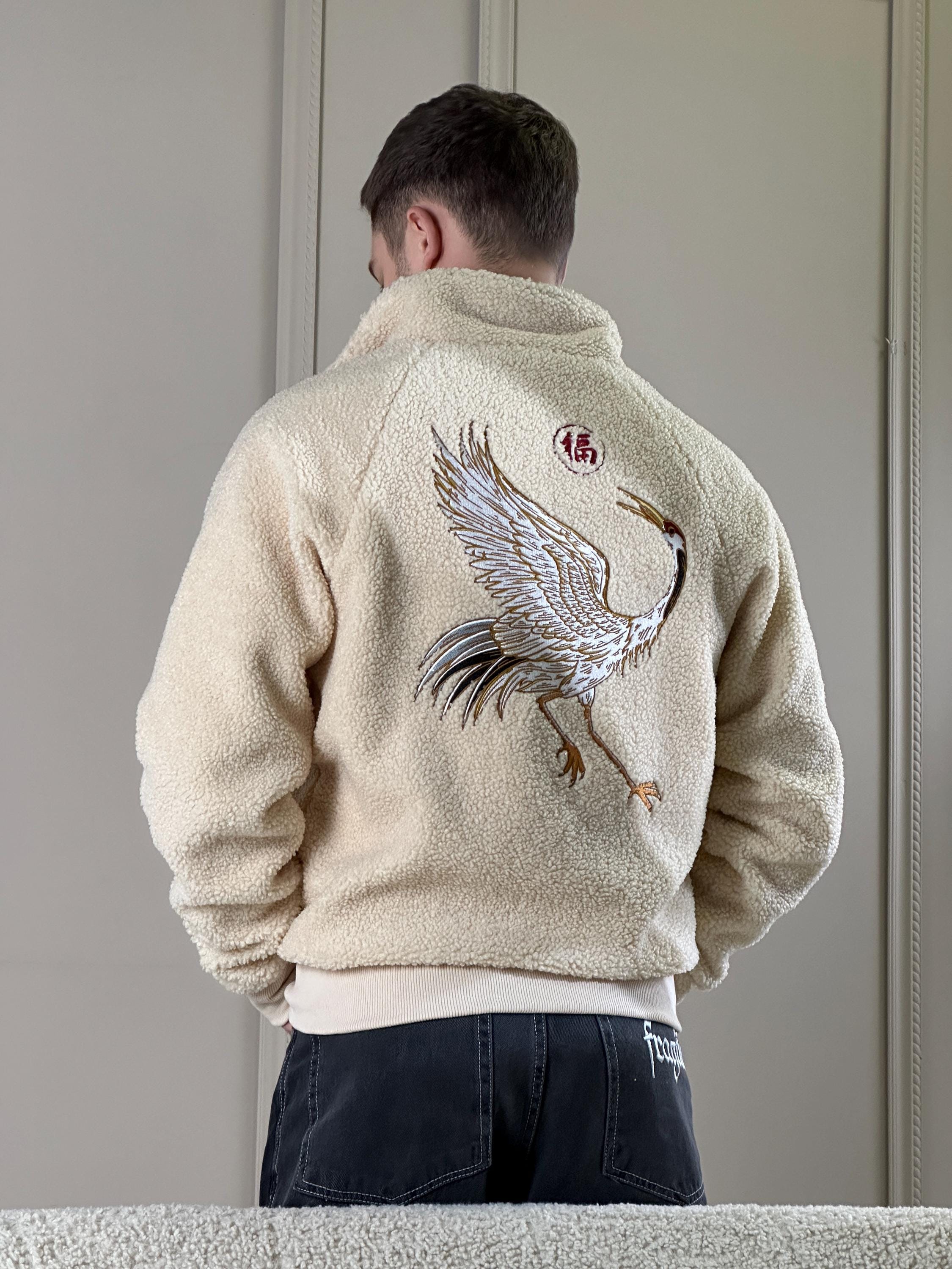 Embroidered Fleece Jacket - Japanese Crane - Unisex