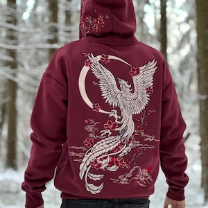 Embroidered Phoenix Hoodie - Golden Phoenix - Unisex Cotton - Burgundy