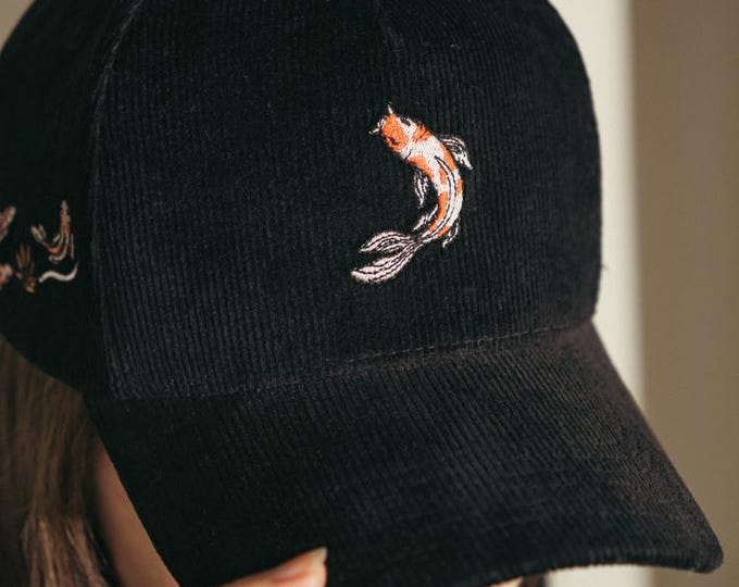 Embroidered Koi Cap - Luxury Corduroy, Unisex - Koi Fish Hat