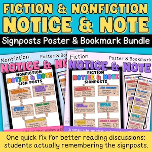 Op de afbeelding: Een bundel educatieve posters en bladwijzers getiteld "Fiction & Nonfiction Notice & Note". De posters bevatten wegwijzers voor het leesbegrip, waaronder "Contrasts & Contradictions" en "Aha Moment". De tekst "One quick fix for better reading discussions" is ook zichtbaar.