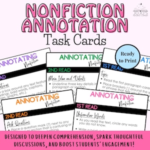 Nonfiction Annotation Task Cards for Any Text | Close Reading Informational Text | Middle School Reading Comprehension Practice
