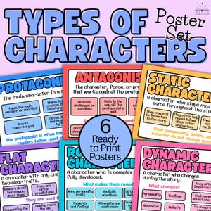 May include: A set of six educational posters titled Types of Characters, featuring definitions and traits for protagonist, antagonist, static, flat, round, and dynamic characters. The posters use a colorful design with blue, red, orange, purple, and teal accents.