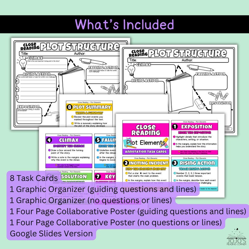 May include: A set of educational materials for plot structure analysis, including two black and white graphic organizers, eight colorful task cards with instructions for close reading, and a list of included items: 8 Task Cards, 2 Graphic Organizers, 2 Four Page Collaborative Posters, and a Google Slides version.