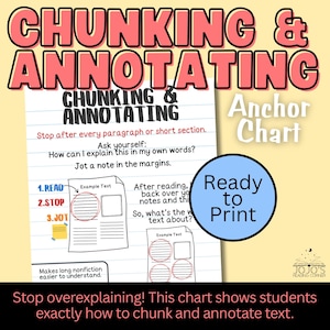 May include: A classroom anchor chart titled "Chunking & Annotating" with instructions for students. The chart includes the text "Ready to Print" in a blue circle, and the phrase "Stop overexplaining!" at the bottom.
