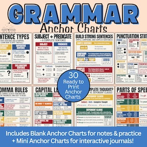 Könnte beinhalten: Eine Sammlung von pädagogischen Grammatik-Lehrtafeln mit dem Titel GRAMMAR Anchor Charts und 30 Ready to Print Anchor Charts. Die Tafeln zeigen Informationen zu Satzarten, Subjekten, Prädikaten, Zeichensetzung und Wortarten.